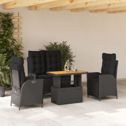 4 Pcs conjunto de jardim p/ jardim c/ almofadões vime PE preto