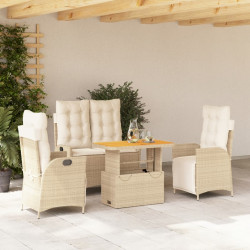 4 Pcs conjunto de jantar p/ jardim c/ almofadões vime PE bege
