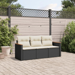 3 Pcs conjunto sofás de jardim com almofadões vime PE preto