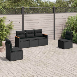 5 Pcs conjunto sofás de jardim com almofadões vime PE preto