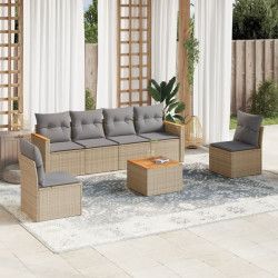 7 Pcs conj. sofás jardim c/ almofadões vime PE bege misturado