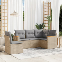 5 Pcs conj. sofás jardim c/ almofadões vime PE bege misturado