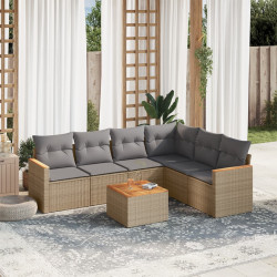 7 Pcs conj. sofás jardim c/ almofadões vime PE bege misturado