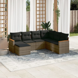 7 Pcs conjunto sofás p/ jardim c/ almofadões vime PE cinzento