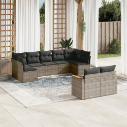 9 Pcs conjunto sofás p/ jardim com almofadões vime PE cinzento
