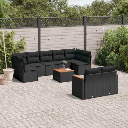 10 Pcs conjunto sofás de jardim c/ almofadões vime PE preto