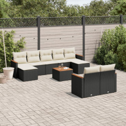 10 Pcs conjunto sofás de jardim c/ almofadões vime PE preto