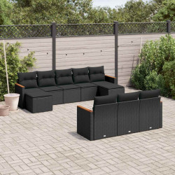10 Pcs conjunto sofás de jardim c/ almofadões vime PE preto