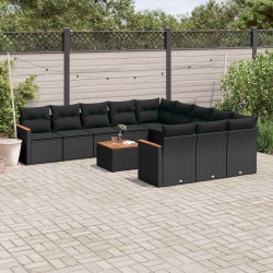 12 Pcs conjunto de sofás de jardim c/ almofadões vime PE preto