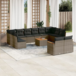 13 Pcs conjunto sofás p/ jardim c/ almofadões vime PE cinzento
