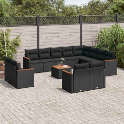 13 Pcs conjunto de sofás de jardim com almofadões vime PE preto