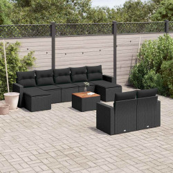 10 Pcs conjunto sofás de jardim c/ almofadões vime PE preto