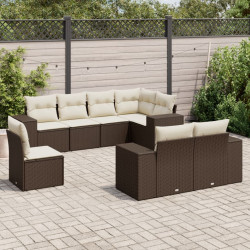 8 Pcs conjunto sofás de jardim c/ almofadões vime PE castanho