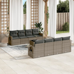9 Pcs conjunto sofás p/ jardim com almofadões vime PE cinzento