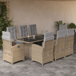9 Pcs conjunto de jantar p/ jardim com almofadões vime PE bege