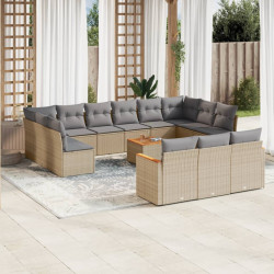 14 Pcs conj. sofás jardim c/ almofadões vime PE bege misturado