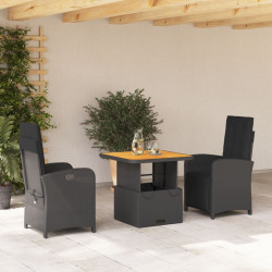 3 Pcs conjunto de jantar p/ jardim c/ almofadões vime PE preto