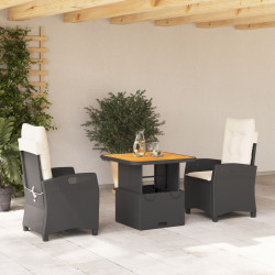 3 Pcs conjunto de jantar p/ jardim c/ almofadões vime PE preto