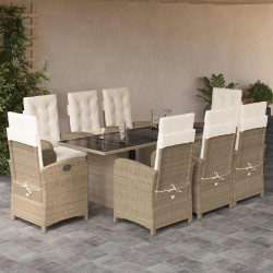 9 Pcs conjunto de jantar p/ jardim com almofadões vime PE bege