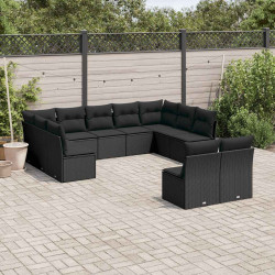 11 Pcs conjunto sofás de jardim c/ almofadões vime PE preto