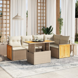 6 Pcs conjunto de sofás p/ jardim com almofadões vime PE bege