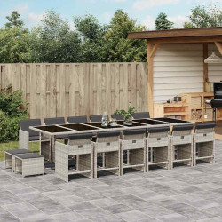 17 Pcs conj. jantar jardim c/ almofadões vime PE cinzento-claro