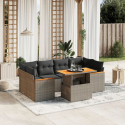 7 Pcs conjunto sofás p/ jardim c/ almofadões vime PE cinzento