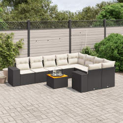 10 Pcs conjunto sofás de jardim c/ almofadões vime PE preto