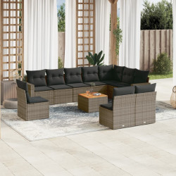 11 Pcs conjunto sofás de jardim c/ almofadões vime PE cinzento