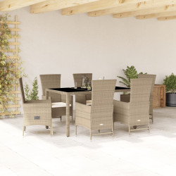 7 Pcs conjunto de jantar p/ jardim com almofadões vime PE bege