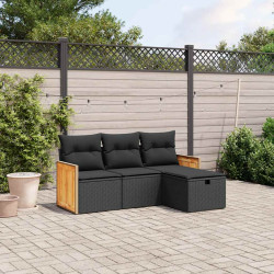 4 Pcs conjunto de sofás para jardim c/ almofadões vime PE preto