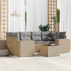 7 Pcs conjunto de sofás p/ jardim com almofadões vime PE bege