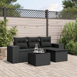 5 Pcs conjunto sofás de jardim com almofadões vime PE preto