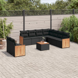 10 Pcs conjunto sofás de jardim c/ almofadões vime PE preto