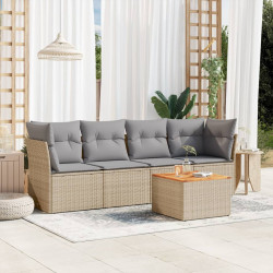 5 Pcs conj. sofás jardim c/ almofadões vime PE bege misturado