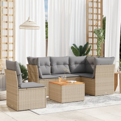 6 Pcs conj. sofás jardim c/ almofadões vime PE bege misturado