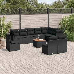 11 Pcs conjunto sofás de jardim c/ almofadões vime PE preto