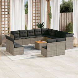 14 Pcs conjunto sofás p/ jardim c/ almofadões vime PE cinzento