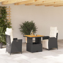 3 Pcs conjunto de jantar p/ jardim c/ almofadões vime PE preto