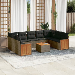 10 Pcs conjunto sofás de jardim c/ almofadões vime PE cinzento