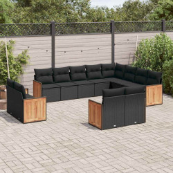 12 Pcs conjunto de sofás de jardim c/ almofadões vime PE preto