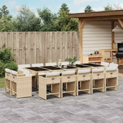 15 Pcs conjunto de jantar p/ jardim com almofadões vime PE bege
