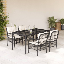 5 Pcs conjunto de jantar p/ jardim c/ almofadões vime PE preto