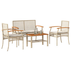4 Pcs conjunto lounge de jardim c/ almofadões vime PE bege