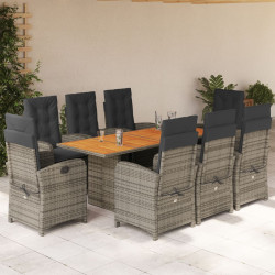 9 Pcs conjunto de jantar p/ jardim c/ almofadões vime PE cinza