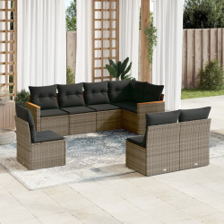 8 Pcs conjunto sofás de jardim c/ almofadões vime PE cinzento