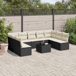 10 Pcs conjunto sofás de jardim c/ almofadões vime PE preto
