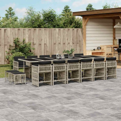17 Pcs conj. jantar jardim c/ almofadões vime PE cinzento-claro