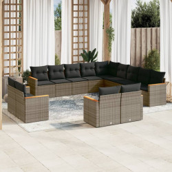 13 Pcs conjunto sofás p/ jardim c/ almofadões vime PE cinzento