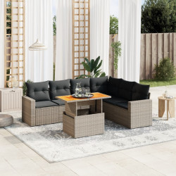 7 Pcs conjunto sofás p/ jardim c/ almofadões vime PE cinzento